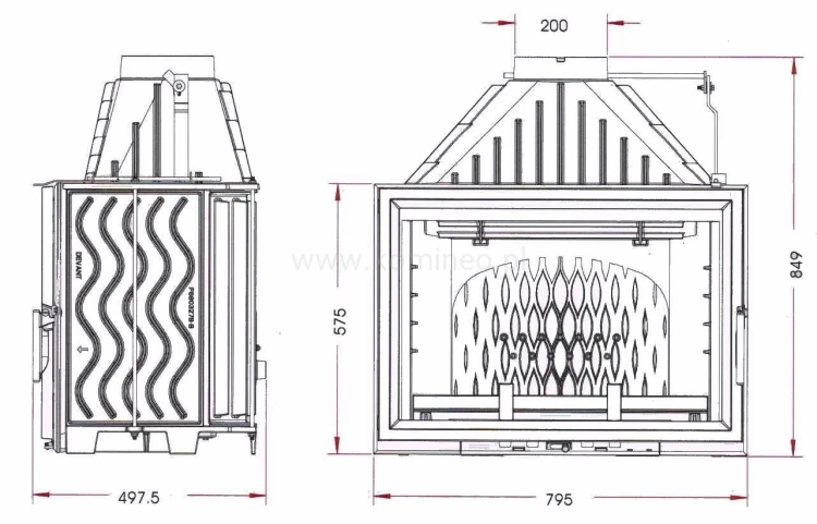 Wkład kominkowy żeliwny INVICTA 9281-85 Grande Vision schemat