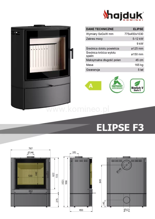 HAJDUK ELIPSE F3 Piec kominkowy stalowy - schemat