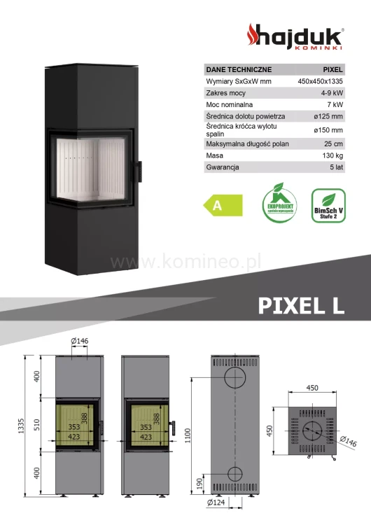 HAJDUK PIXEL L Piec kominkowy stalowy - schemat