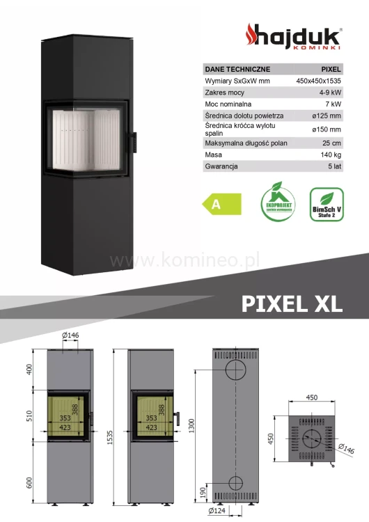 HAJDUK PIXEL XL Piec kominkowy stalowy - schemat