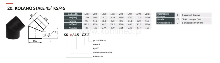 Kolano stałe 45º 2 segmenty - schemat
