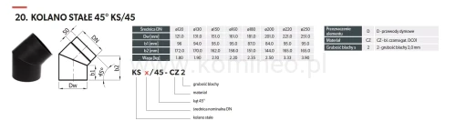 Kolano stałe 45º 2 segmenty - schemat