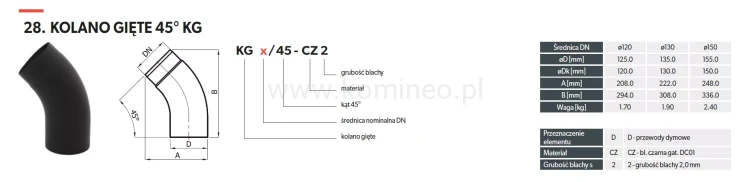Kolano gięte 45º schemat