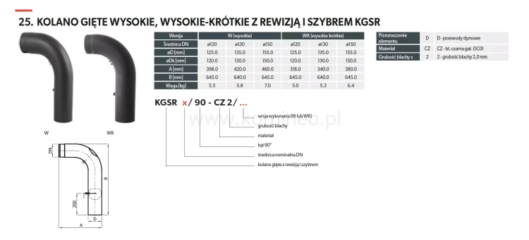 Kolano gięte wysokie 90º z szybrem i rewizją - schemat