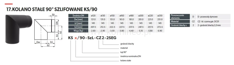 Kolano stałe szlifowane 90º - 2 segmenty - schemat