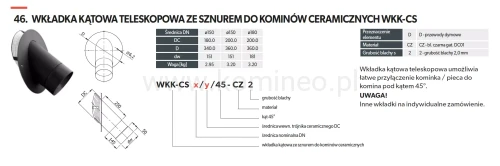 wkładka kątowa teleskopowa 45º do kominów ceramicznych - schemat