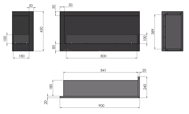 SIMPLE fire CORNER 900 prawy Biokominek do zabudowy narożny schemat