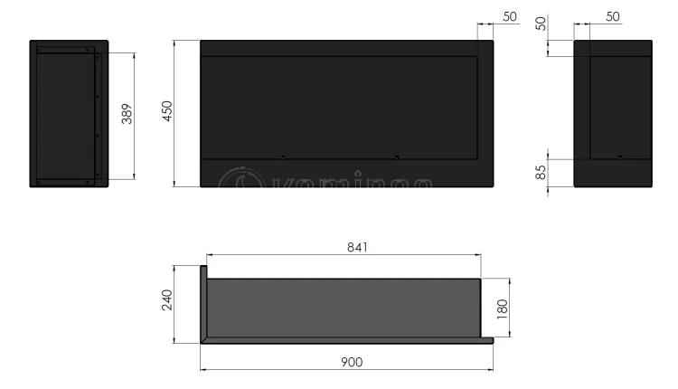 SIMPLE fire CORNER 900 lewy Biokominek do zabudowy narożny schemat
