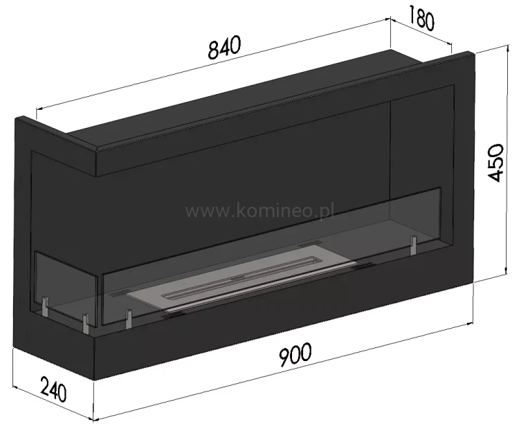 SIMPLE fire CORNER 900 lewy Biokominek do zabudowy narożny schemat