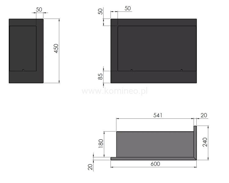SIMPLE fire CORNER 600 prawy Biokominek do zabudowy narożny schemat