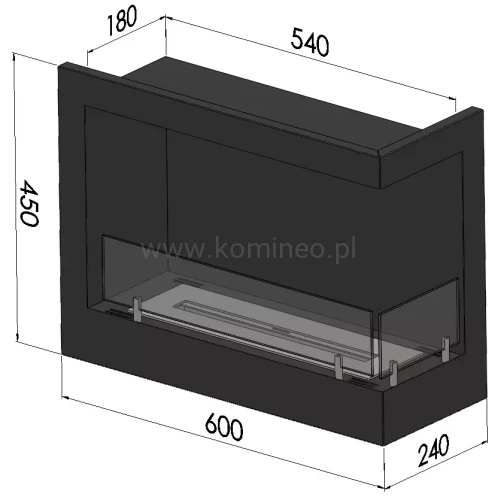 SIMPLE fire CORNER 600 prawy Biokominek do zabudowy narożny schemat
