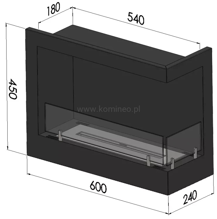 SIMPLE fire CORNER 600 prawy Biokominek do zabudowy narożny schemat