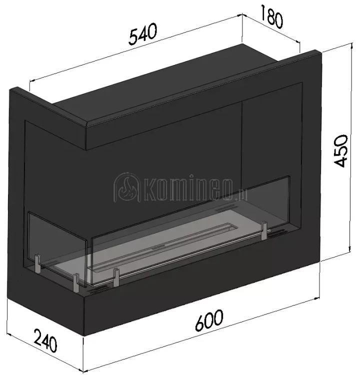 SIMPLE fire CORNER 600 lewy Biokominek do zabudowy narożny schemat