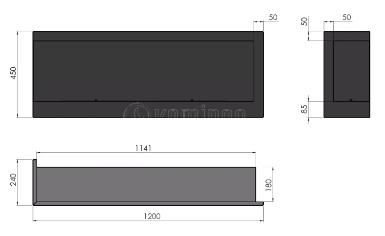 SIMPLE fire CORNER 1200 lewy Biokominek do zabudowy narożny schemat