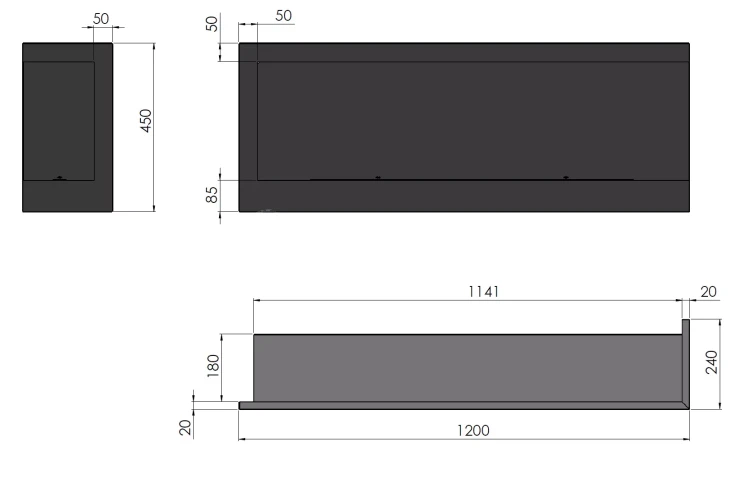 SIMPLE fire CORNER 1200 prawy Biokominek do zabudowy narożny schemat