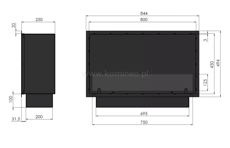 Biokominek do zabudowy INFIRE INSIDE BLACK 800 SLIM LINE schemat