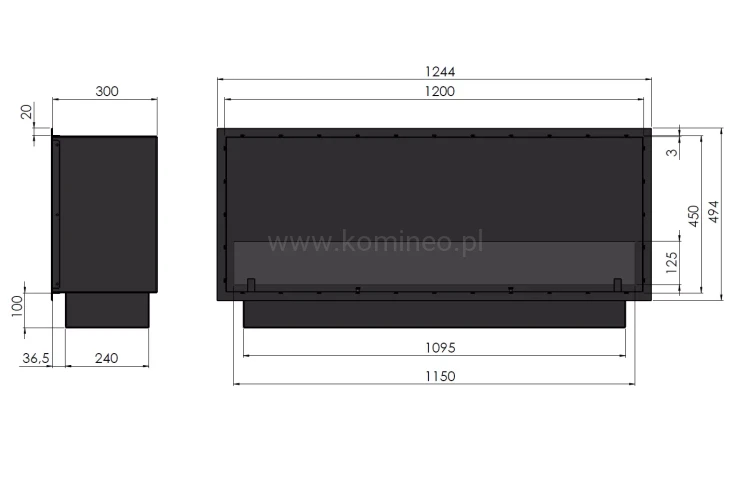 Biokominek do zabudowy INFIRE INSIDE BLACK 1200 SLIM LINE schemat