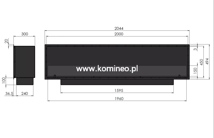 Biokominek do zabudowy INFIRE INSIDE BLACK 2000 SLIM LINE schemat