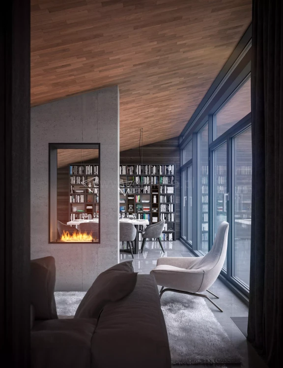 Biokominek do zabudowy INFIRE 2 SIDE 1400 SLIM LINE vis a vis pionowy aranżacja