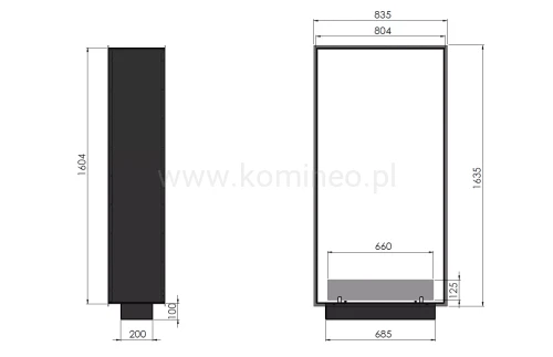 Biokominek do zabudowy INFIRE 2 SIDE 1600 SLIM LINE vis a vis pionowy schemat