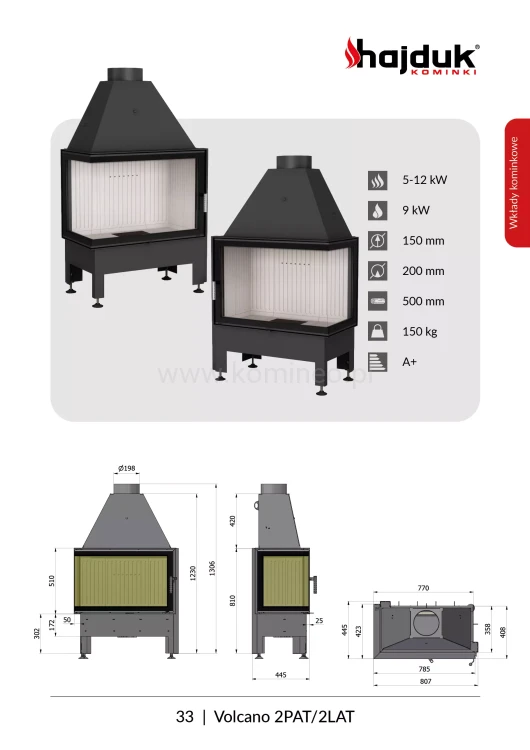 HAJDUK VOLCANO 2PAT prawy Wkład kominkowy narożny schemat