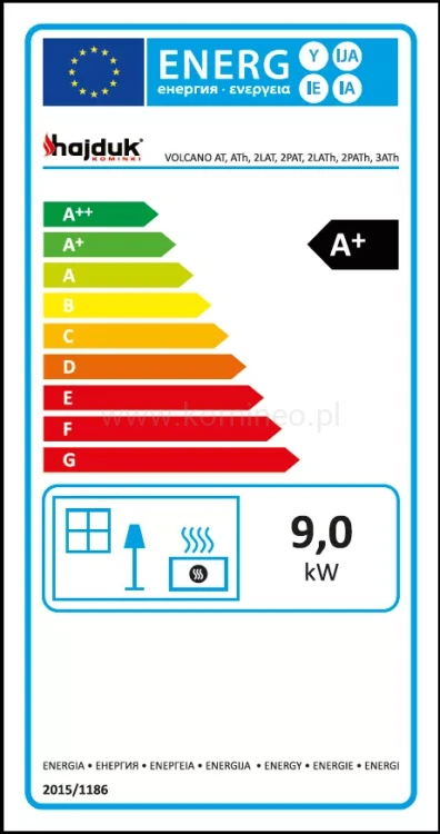 HAJDUK VOLCANO 2PATh prawy Wkład kominkowy narożny etykieta energetyczna