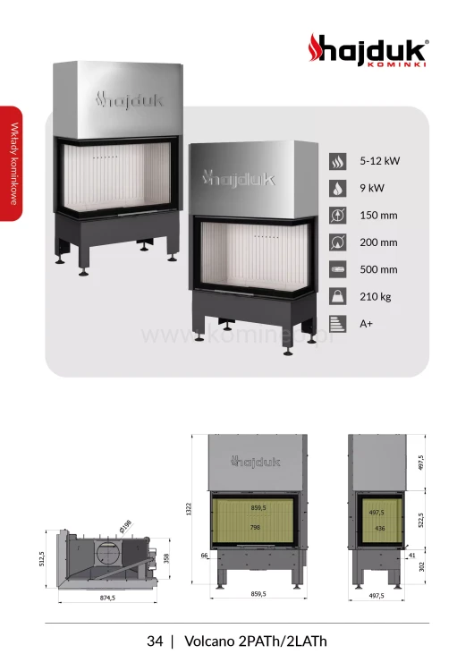 HAJDUK VOLCANO 2PATh prawy Wkład kominkowy narożny schemat
