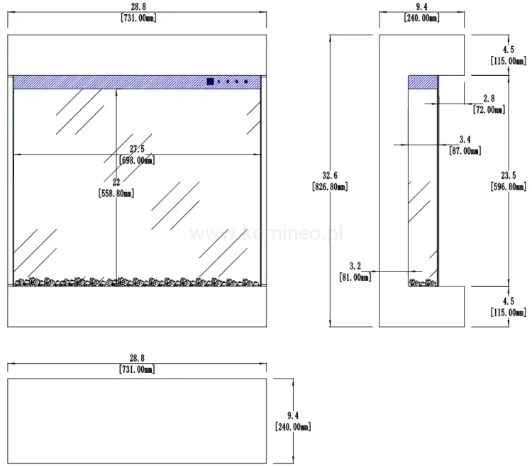 Kominek elektryczny trójstronny AFLAMO DAME BLACK schemat