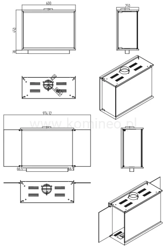 AFLAMO LARES 60 Biokominek trójstronny do zabudowy schemat