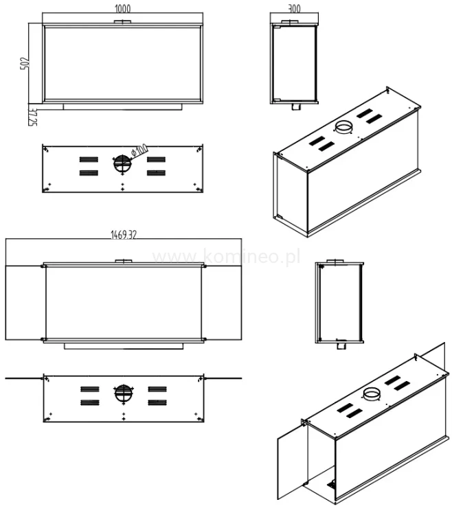 AFLAMO LARES 100 Biokominek trójstronny do zabudowy schemat