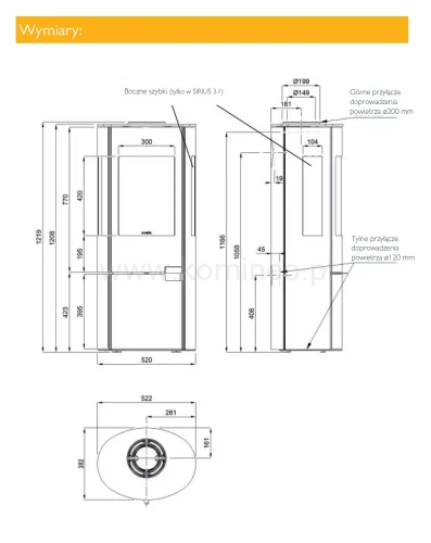SCHIEDEL SIRIUS 3 Piec kominkowy stalowy z trzema szybami - schemat