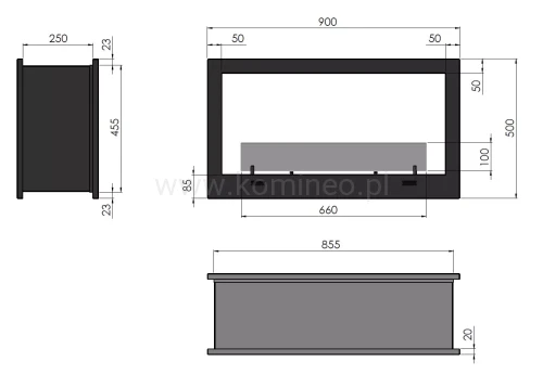 Biokominek do zabudowy INFIRE 2 SIDE 900 - schemat