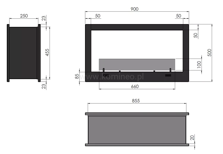 Biokominek do zabudowy INFIRE 2 SIDE 900 - schemat