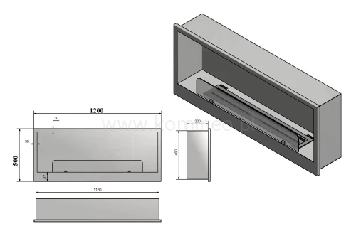Biokominek INFIRE INSIDE 1200 BLACK - schemat