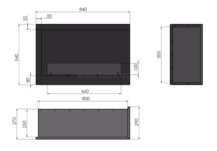 INFIRE INSIDE P800 Vers1 prawy Biokominek do zabudowy narożny - schemat