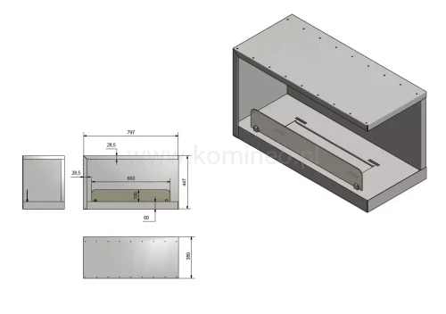 INFIRE INSIDE P800 Vers2 prawy Biokominek do zabudowy narożny - schemat