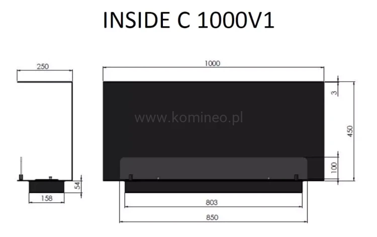 INFIRE INSIDE C1000 Vers1 Biokominek do zabudowy trójstronny - schemat
