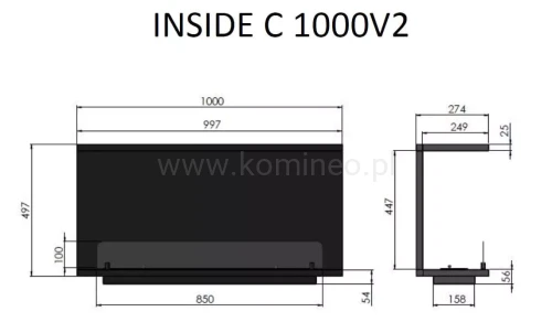 INFIRE INSIDE C1000 Vers2 Biokominek do zabudowy trójstronny - schemat