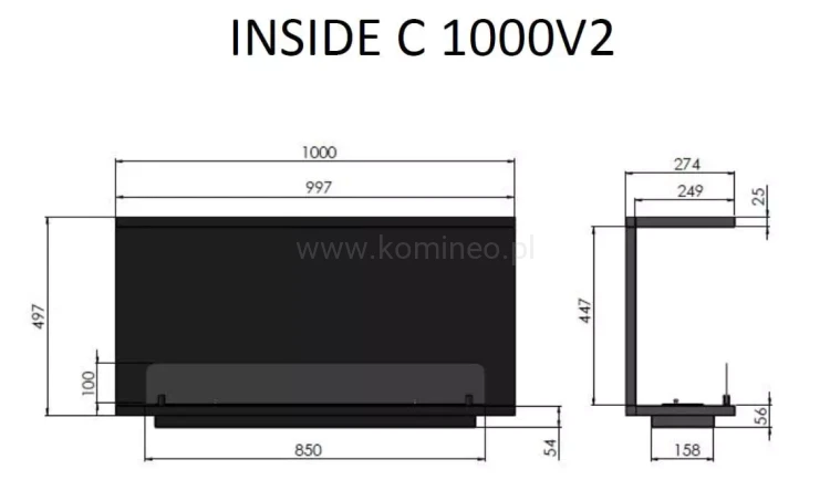 INFIRE INSIDE C1000 Vers2 Biokominek do zabudowy trójstronny - schemat