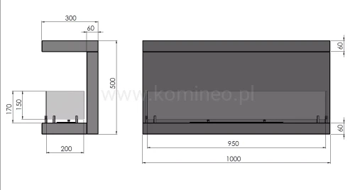 INFIRE INSIDE C1000 Vers3 Biokominek do zabudowy trójstronny - schemat