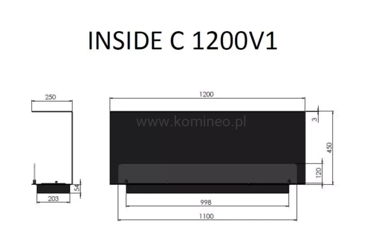 INFIRE INSIDE C1200 Vers1 Biokominek do zabudowy trójstronny - schemat