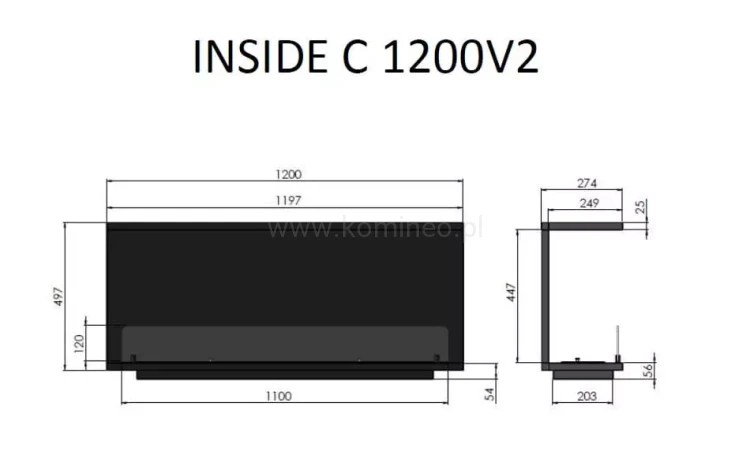 INFIRE INSIDE C1200 Vers2 Biokominek do zabudowy trójstronny - schemat