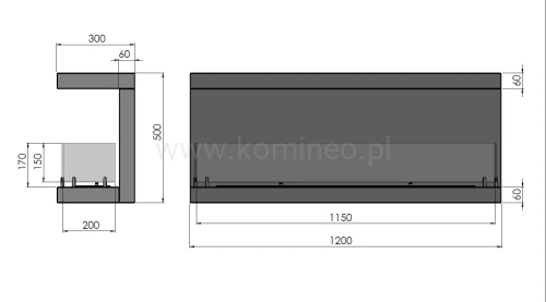 INFIRE INSIDE C1200 Vers3 Biokominek do zabudowy trójstronny - schemat