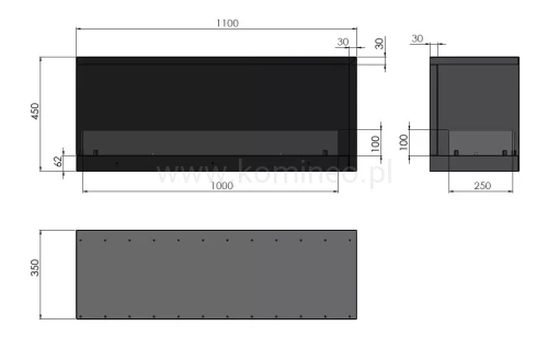 INFIRE INSIDE L1100 Vers2 lewy Biokominek do zabudowy narożny - schemat