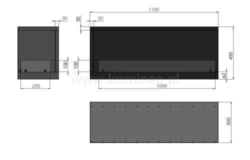 INFIRE INSIDE P1100 Vers2 prawy Biokominek do zabudowy narożny - schemat