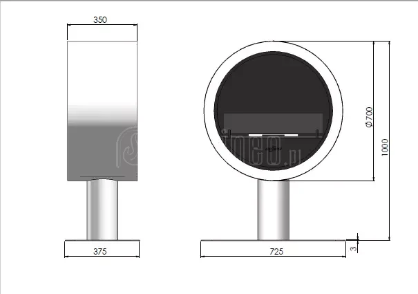 Biokominek INFIRE INCYRCLE STAND schemat