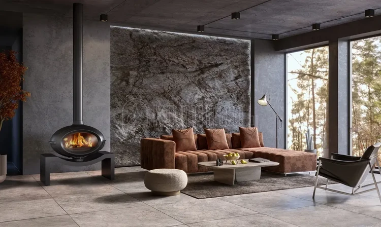 INVICTA BRIO SUR BANC 6481-25 na ławie 1,0 m Piec kominkowy żeliwny - aranżacja