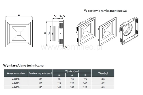 Anemostat kwadratowy DARCO VENTLAB ASK-ML - schemat