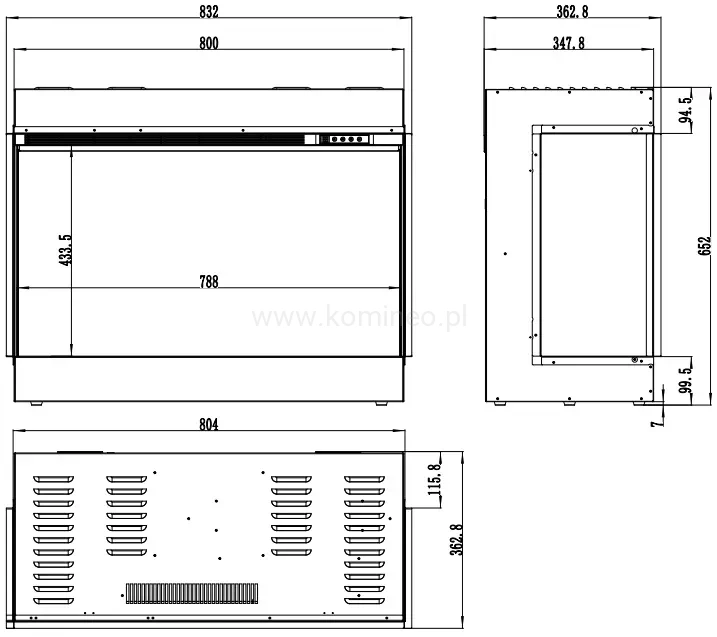Kominek elektryczny trójstronny AFLAMO SUPERB 3D 80 schemat