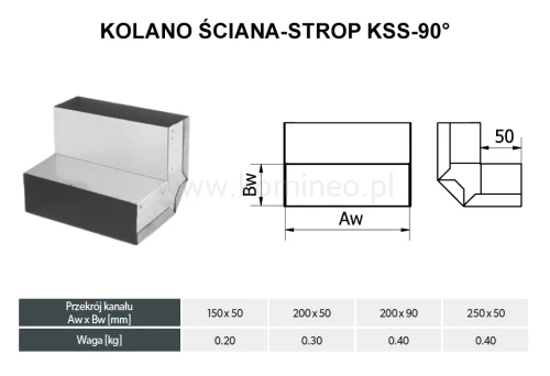 Kolano prostokątne DARCO KSS-90-OC ściana-strop schemat